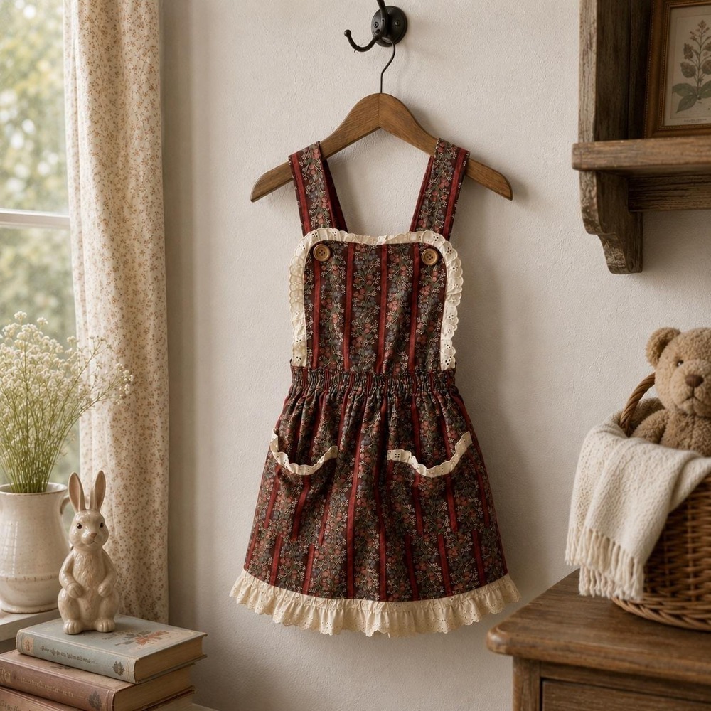 Antique Victorian Child Pinafore Apron – Floral Stripe Eyelet Lace Cottagecore
